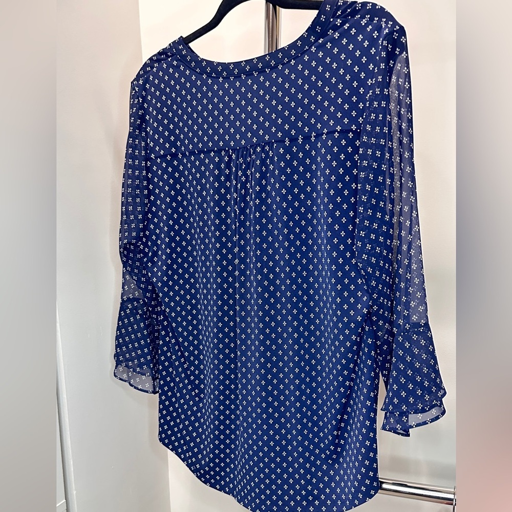 Charter Club New Blue & White Print Blouse Sheer Front Overlay Ruffle Sleeve, L - Picture 5 of 5